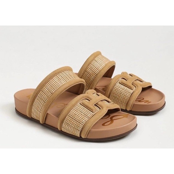Sam Edelman Rowan Slide Womens 8.5 Footbed Sandal Dark Natural Weave/Rich Cognac - Picture 1 of 9
